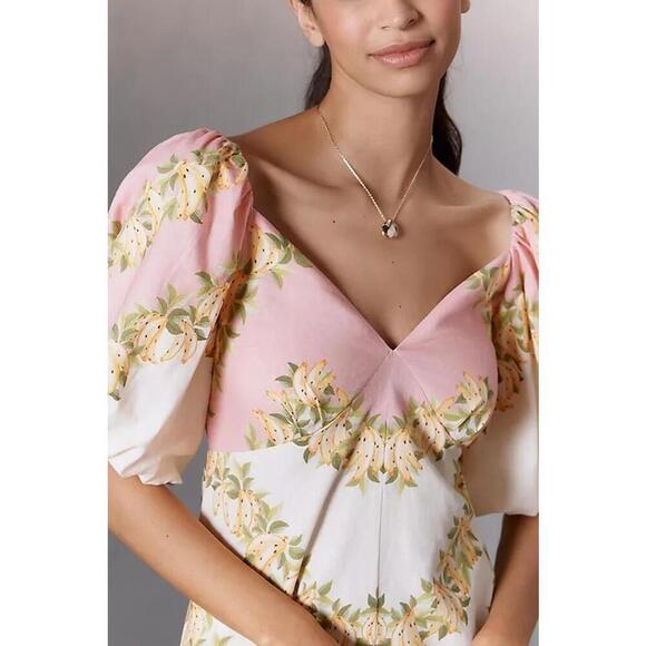 Farm Rio V-Neck Puff-Sleeves Linen Blend Romper Size M Banana Yellow Ivory - Picture 3 of 4